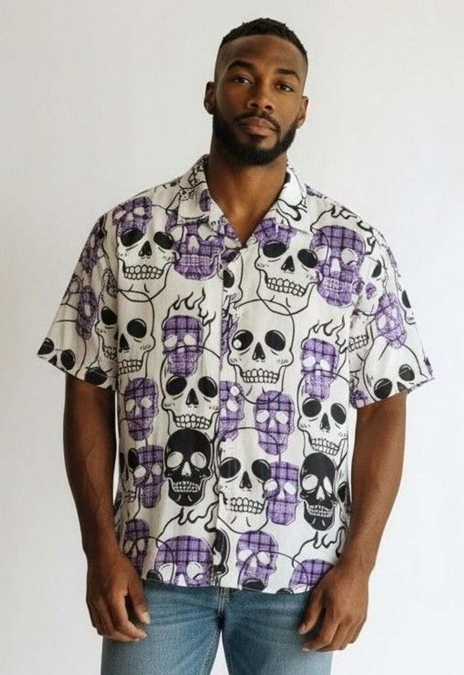 Romwe Skull Print Button Up Shirt XXL Purple White